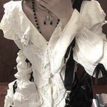 亚文化复古辣妹显瘦蕾丝木耳边蝴蝶结燕尾外穿小众百搭衬衫上衣女