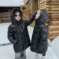 2025 утолщенный детский пуховик с капюшоном, детская одежда, зимний новый стиль, средней длины, черный и золотой пуховик для мальчиков и девочек
