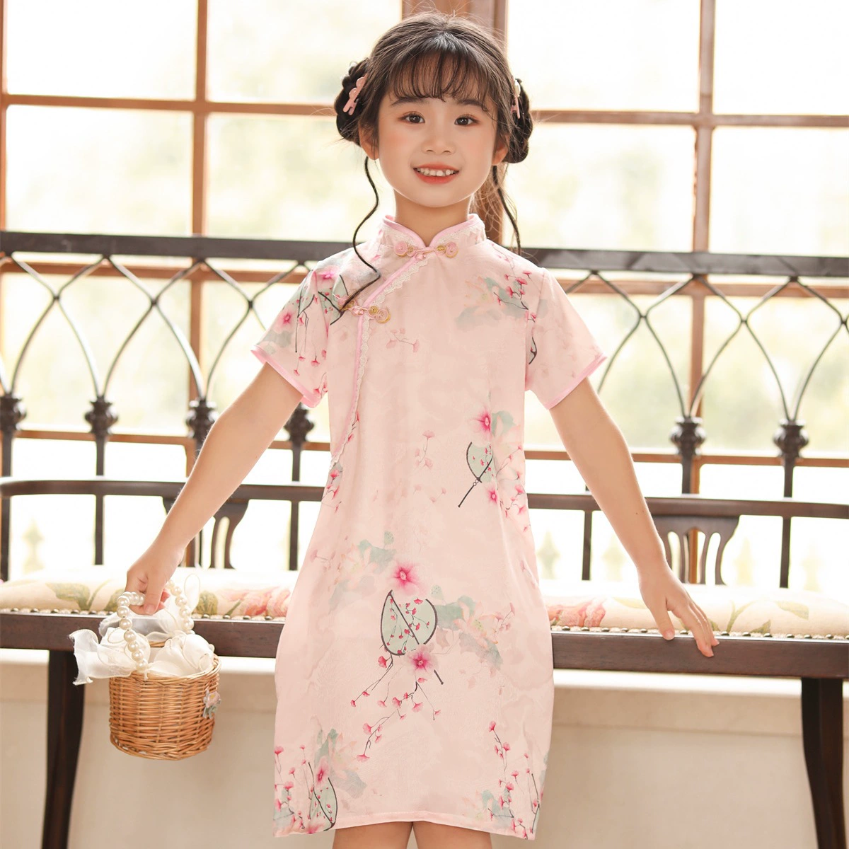 Летнее кружевное женское веерное шелковое Чонсам в китайском стиле, милое детское платье, платье чонсам