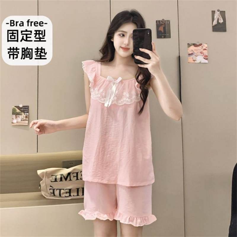 Sweet Style with Breast Pad Suspender Pajamas for Women Summer Thin Cloud Cotton 2025 New Summer Women's Home Clothes