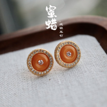 天然蜜蜡耳钉真品通体S925银镶嵌平安扣现货批发新中式节日送礼