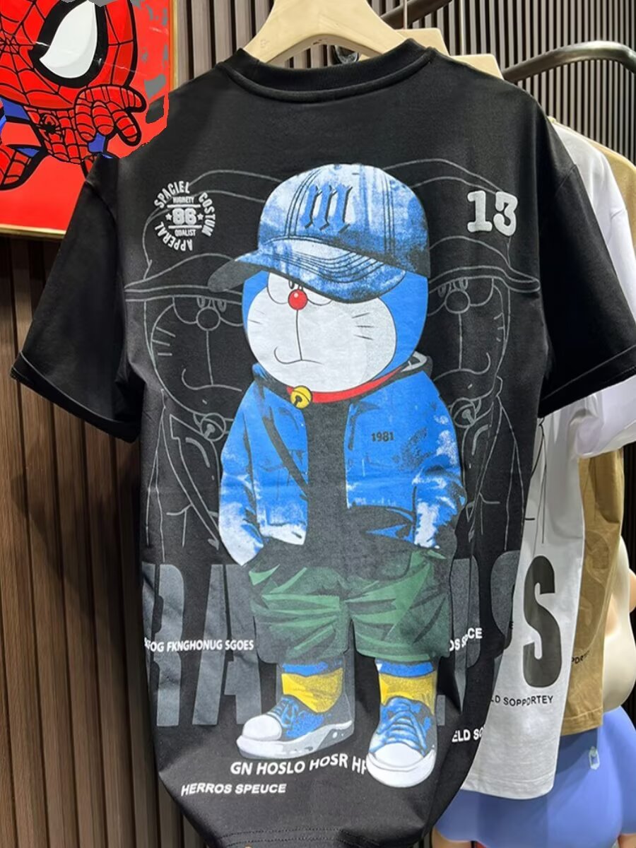 Marca de moda impresión de dibujos animados camiseta de manga corta para hombres verano camiseta de cuello redondo de media manga adolescente ropa casual suelta
