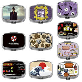 海浪老友记便携式合金药盒分格两格收纳盒化妆镜折叠避光密封盒