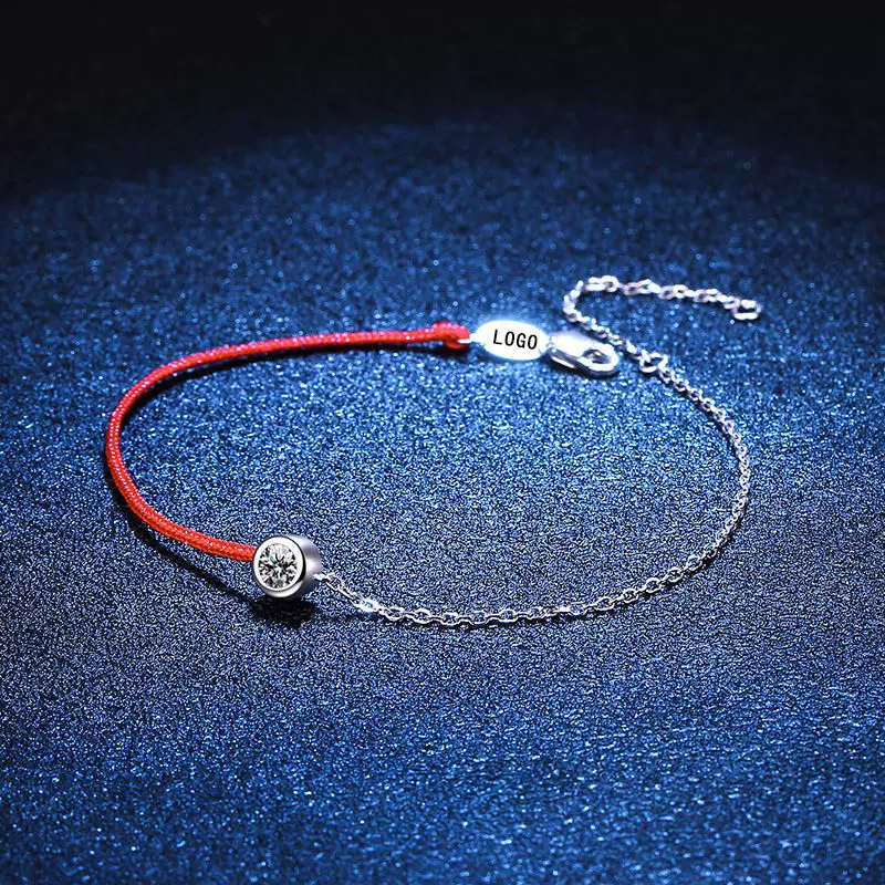 s925纯银莫桑钻手链镀铂金本命年法国幸运手绳单钻30分莫桑石手链