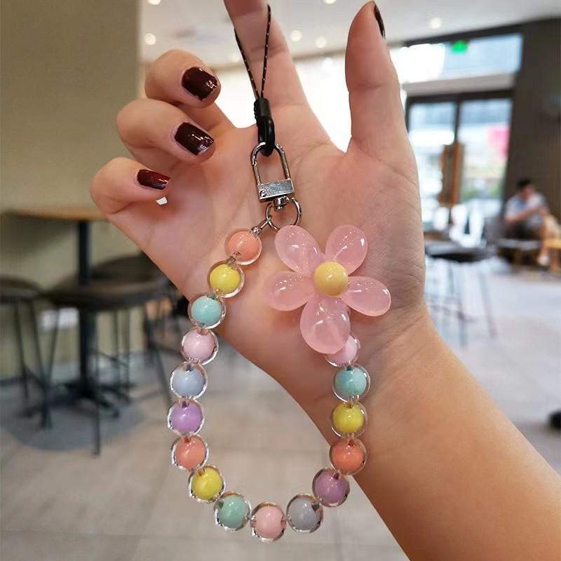 Korean and Japanese ins-style handmade beaded flower phone strap wrist cord in macaron colors with colorful beads