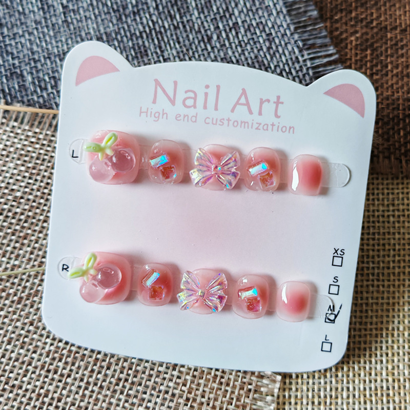 Children's Handmade Nails with Ice-Transparent Cherry Bows, Pink Cartoon Manicure, Nail Stickers for Girls Aged 3-6-10