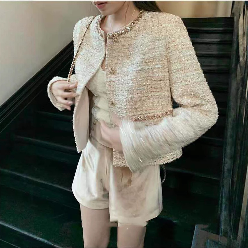 French-Style Woven Tweed Chanel-Style Short Jacket for Women, Autumn High-End Petite Loose Round-Neck Exquisite Top
