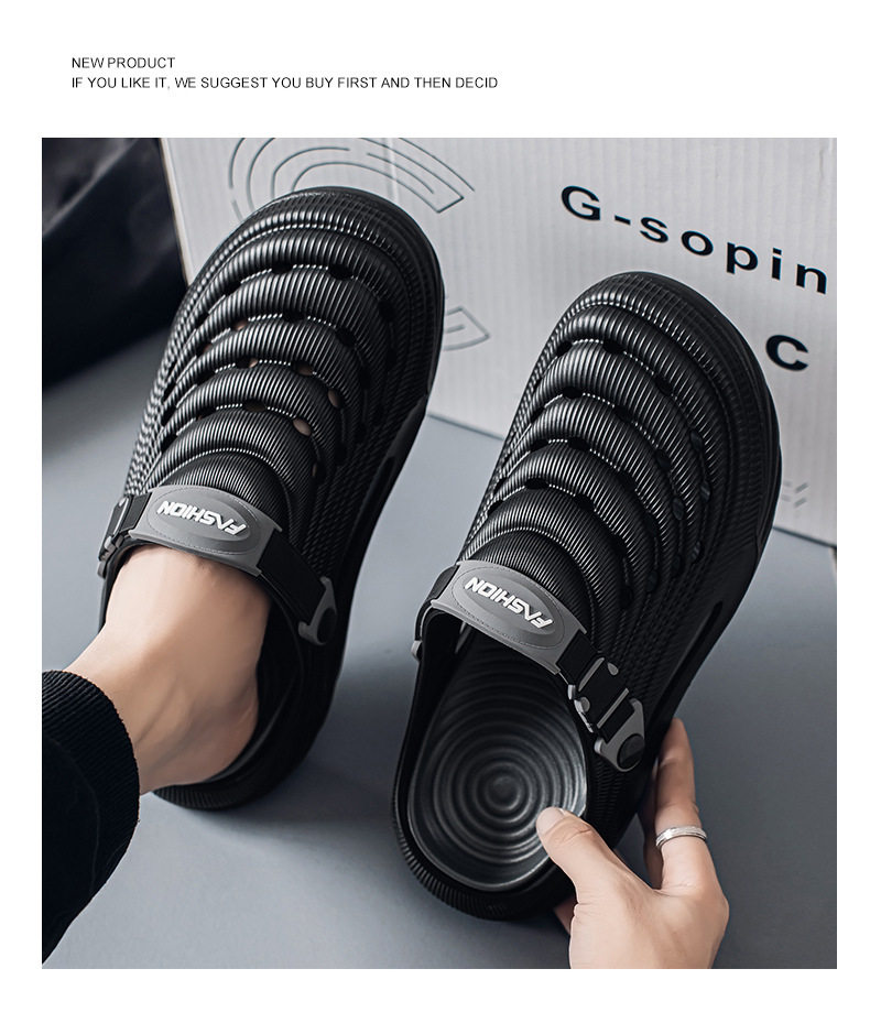Dép lỗ nam kiểu Crocs mùa hè chống trượt, mũi tròn bảo vệ, đi biển và lái xe — Trắng, màu xanh nhạt, đen chi tiết 25