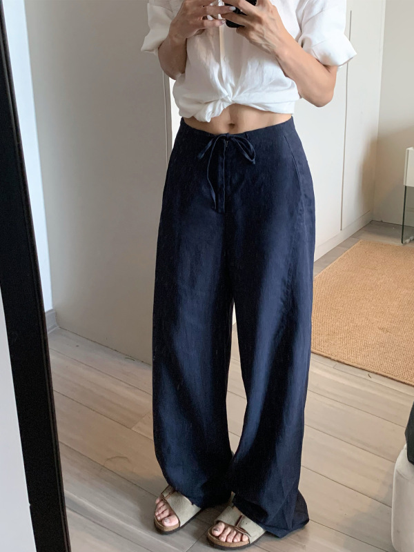 chao级推荐！夏季薄款藏青色亚麻宽松直筒裤女百搭显瘦窄版阔腿裤|undefined