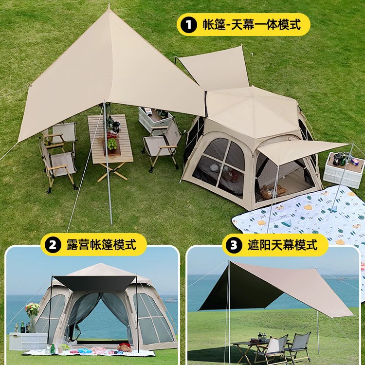 Automatic folding tent for camping, hexagonal travel canopy, equipment, fully automatic