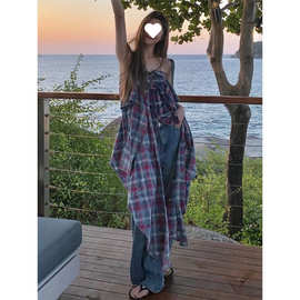 韩系chic复古格纹不对称小众设计感无袖抹胸衬衣夏季