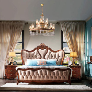 American-Style Genuine Leather Double Bed, Solid Wood 1.8m Post Bed, Villa-Sized Bed with Mortise and Tenon Craftsmanship and Carved Details
