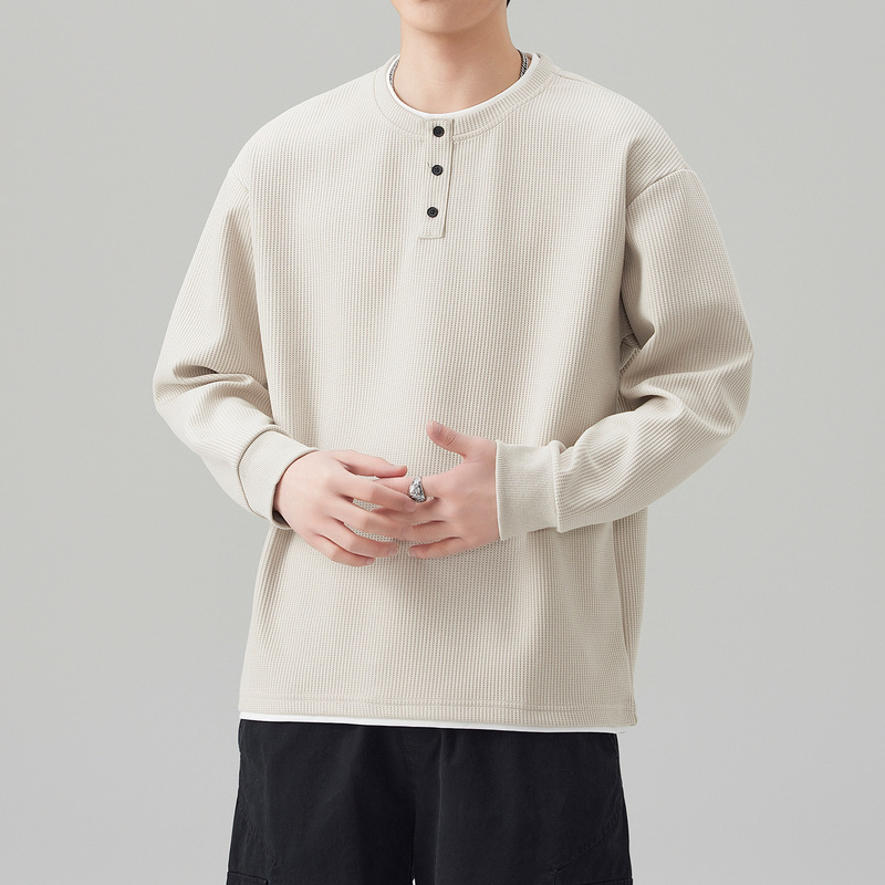 Apricot Color Fake Two-Piece Sweatshirt for Men, New Summer Style Henley Collar Base Shirt, Casual Large Size Long-Sleeve T-Shirt for Men