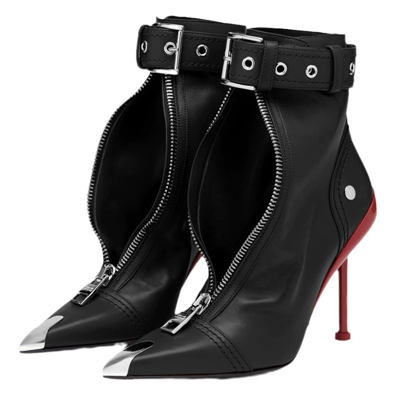 2023 Новые короткие модные сапоги на высоком каблуке с металлическим острым носком на шпильке спереди для европейской и американской трансграничной женской обуви больших размеров