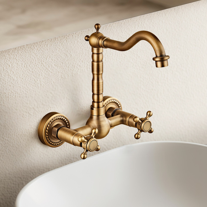 Bathroom double-handle wall-type basin hot and cold faucet all copper golden wall-mounted double-hole basin faucet wholesale