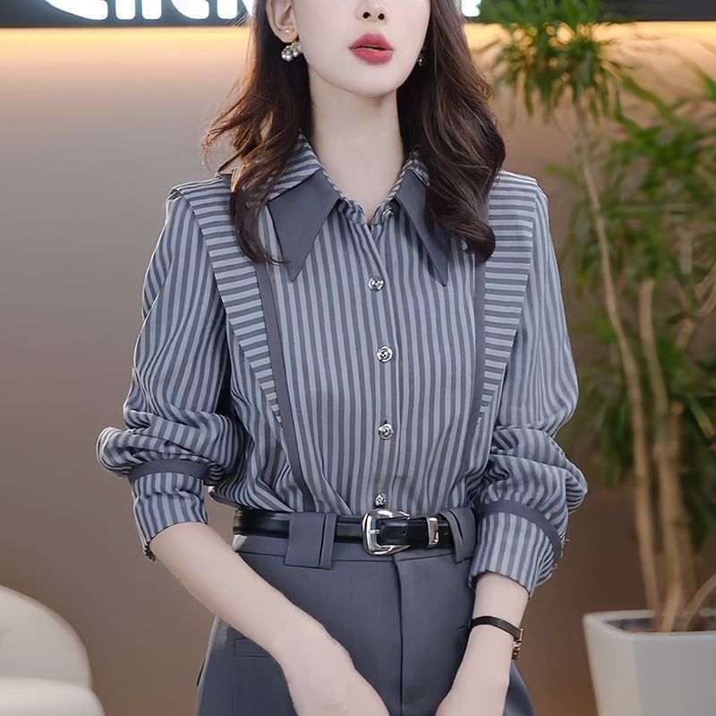 长袖条纹衬衫女士2025早秋季新款时尚减龄气质休闲显瘦设计感上衣|undefined