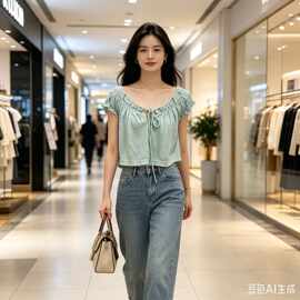 赵同款蓝色褶皱领口系带设计感短款衬衫女夏T恤宽松显瘦上衣