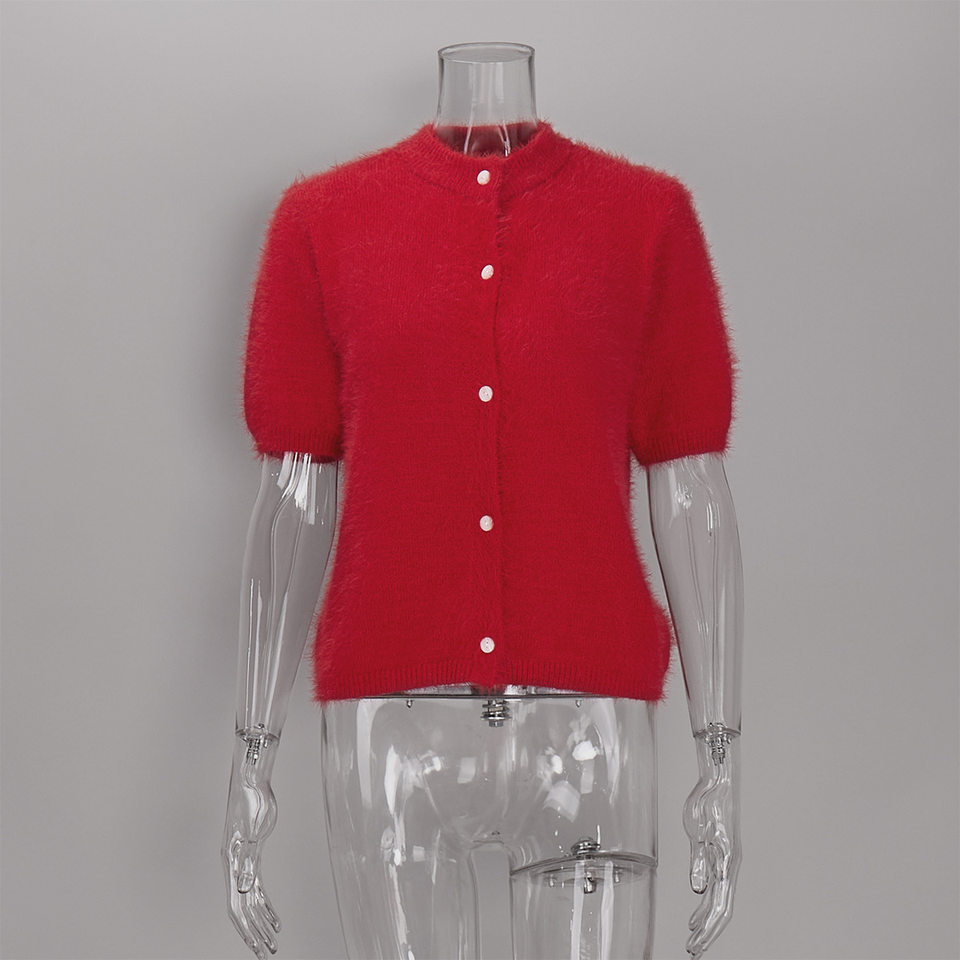 Áo cardigan dệt kim tay ngắn cổ bán cao ôm dáng phong cách retro — Màu hồng, Màu hồng cánh sen, Màu trắng, Màu tím chi tiết 71