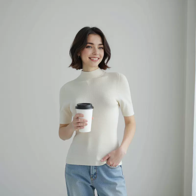 18针岛精半高领荃羊毛衫女25早秋薄款中袖套头针织打底衫上衣毛衣