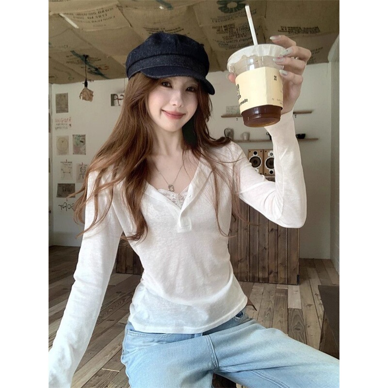 Xinwang [Official Image Tencel Ribbed 110g] Korean-Style Unique Sweet Girl V-Neck Lace Sunscreen Thin Slightly Sheer Cover-Up