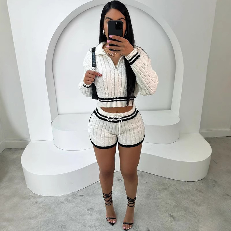 FF1383 European and American Women's Fashion Sweater suit High Elastic Knitted Sweater Shorts suit 2-Piece Set for Autumn and Winter FF1383 European and American Women's Fashion Sweater suit High Elastic Knitted Sweater Shorts suit 2-Piece Set for Autumn and Winter