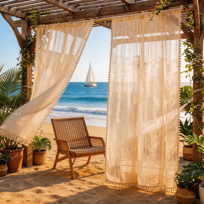 Cross-Border Bohemian Style Beige Outdoor Gazebo Pole-Mounted Curtains Lace Vintage Curtains Temu Shein Dropshipping