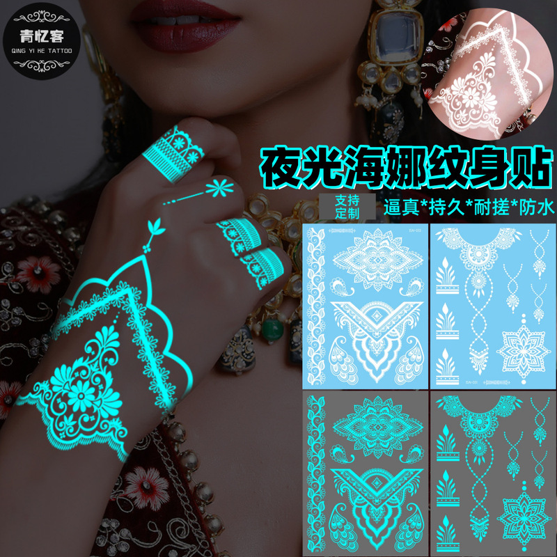 Cross-Border Supply Wholesale Blue Luminous Henna Temporary Tattoo Stickers Indian White Tattoo Arm Finger Glow