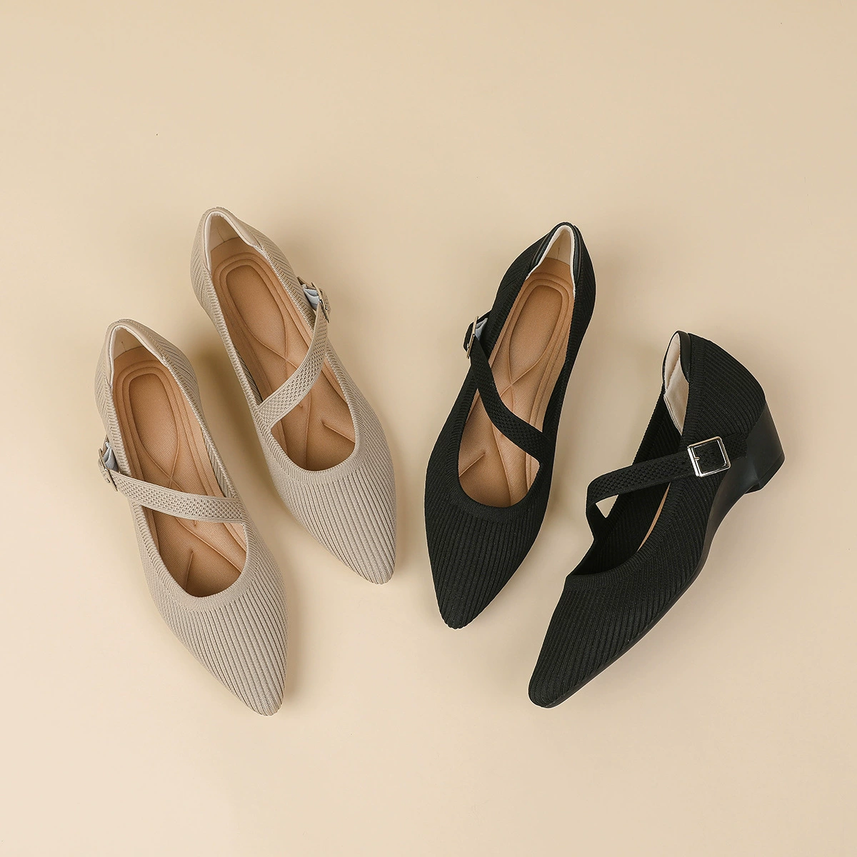 6045-4 Женские туфли принцессы с острым носком и неглубоким вырезом, дышащие трикотажные туфли на танкетке с ремешком Мэри Джейн, повседневная обувь на мягкой подошве для женщин.
