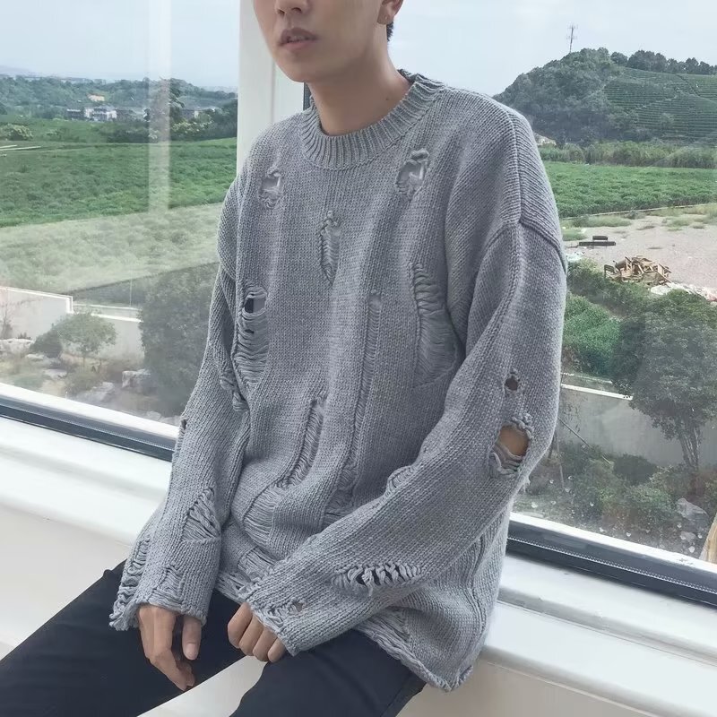 New autumn and winter round-neck dark-style sweater for men and women, with holes and hollow-out design, pullover knit, casual loose fit New autumn and winter round-neck dark-style sweater for men and women, with holes and hollow-out design, pullover knit, casual loose fit