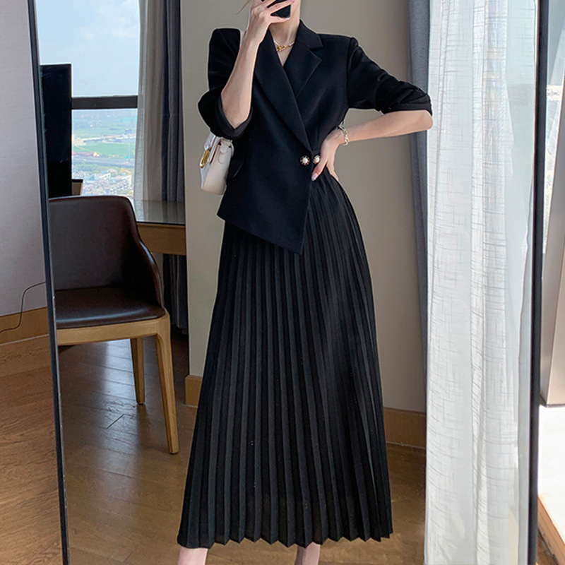 Spring and Autumn New Plus Size Women's Suit Dress for Women, Korean Style Waist-Slimming Pleated Over-The-Knee Skirt 2250