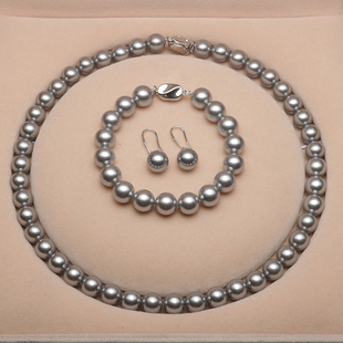 Temperament shell pearl jewelry suit 8-10mm round gray shell beads suit jewelry three-piece set for mother