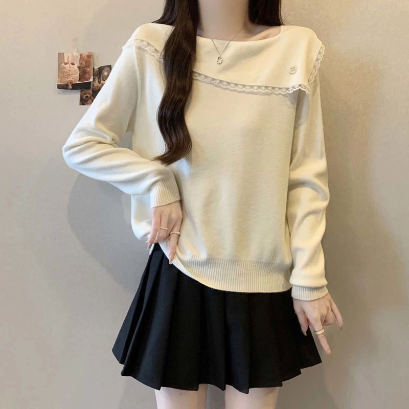 Plus Size Irregular Lapel Lace Long-Sleeved Knitwear Women's Autumn New French Slim Slim Long-Sleeved Top