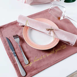 现代简约布艺涤纶餐桌拍照道具餐巾绣花餐盘口布西餐丝绒刺绣