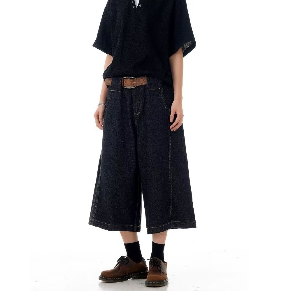 2025新款美式复古黑色七分牛仔裤cleanfit潮牌宽松直筒短裤男女