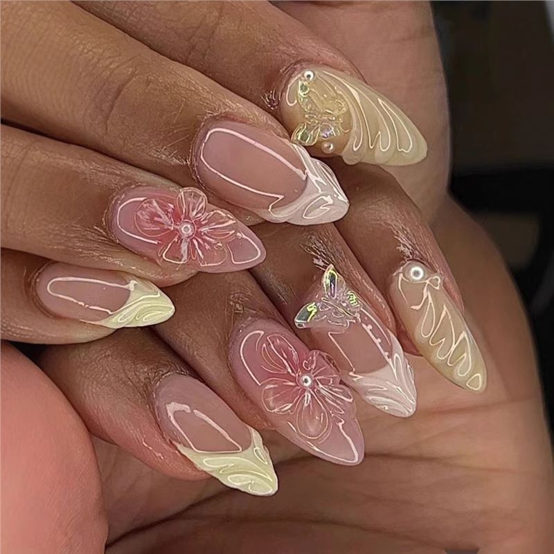 Cross-Border Hot-Selling Almond-Shaped Wearable Nails 3D Stereo Pure Desire Flower Butterfly Removable Fake Nails Finished Product