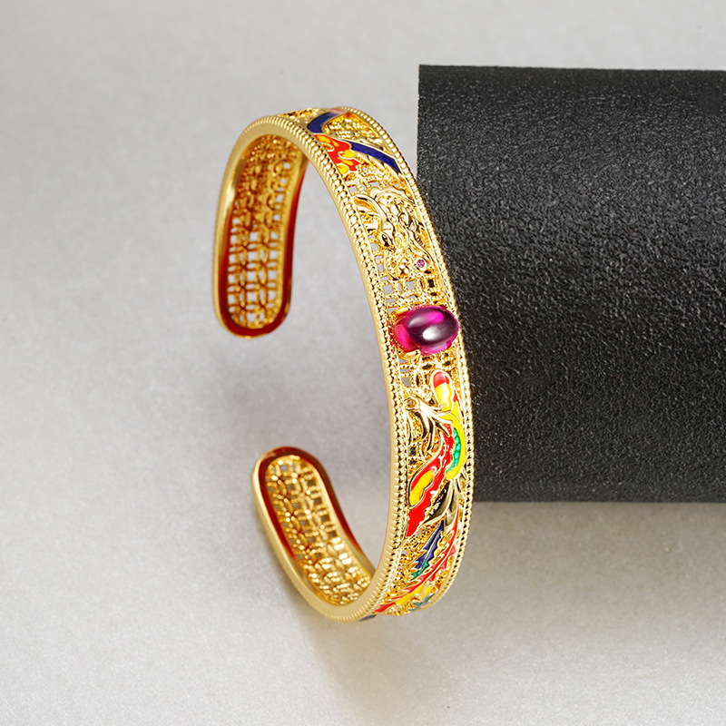 Nueva pulsera de 18k de galvanoplastia de oro de arena antigua china, dragón hueco y fénix, pulsera abierta, joyería transfronteriza de estilo chino de todo fósforo