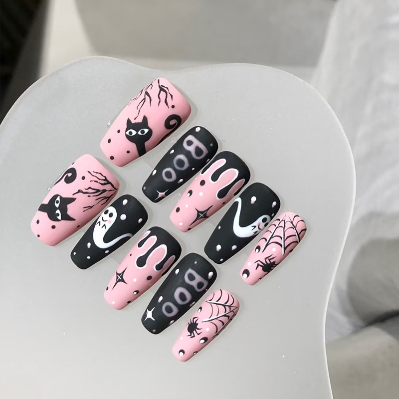 30 Pieces of Halloween Popular Cross-Border Blood Drop Nail Art Pieces, Exquisite Painted Black and Pink Little Ghost and Kitten Design, Medium-Sized Press-On Nails