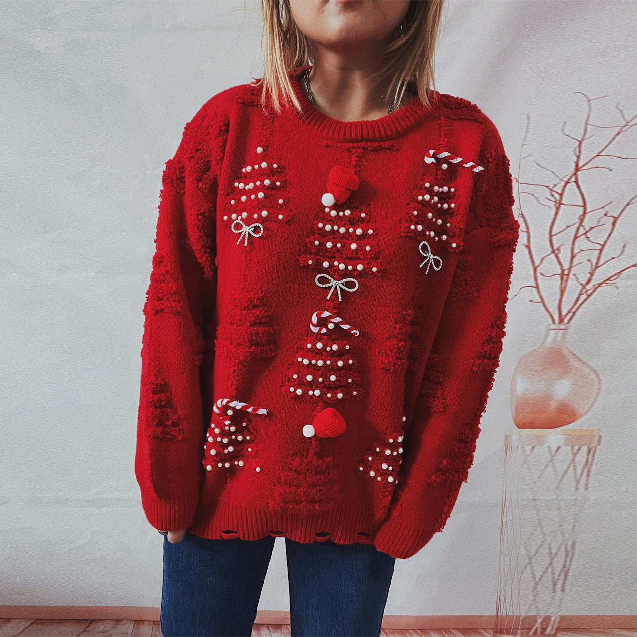 Suéter Navideño 2025 con Perlas Hechas a Mano y Decoración 3D para Navidad y Año Nuevo, Estilo Transfronterizo para Amazon image 8
