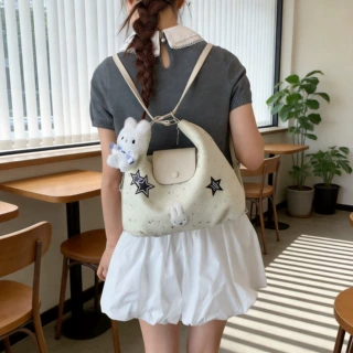 星星亮片兔兔托特包女2026新款休闲三背时尚褶皱单肩通勤斜挎包