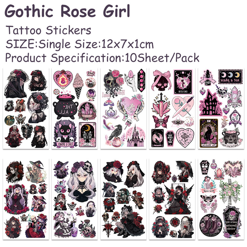 10 Sheets/Pack Gothic Rose Girl Series Painted Tattoo Stickers Personalized Arm and Face Temporary Stickers Available for Wholesale