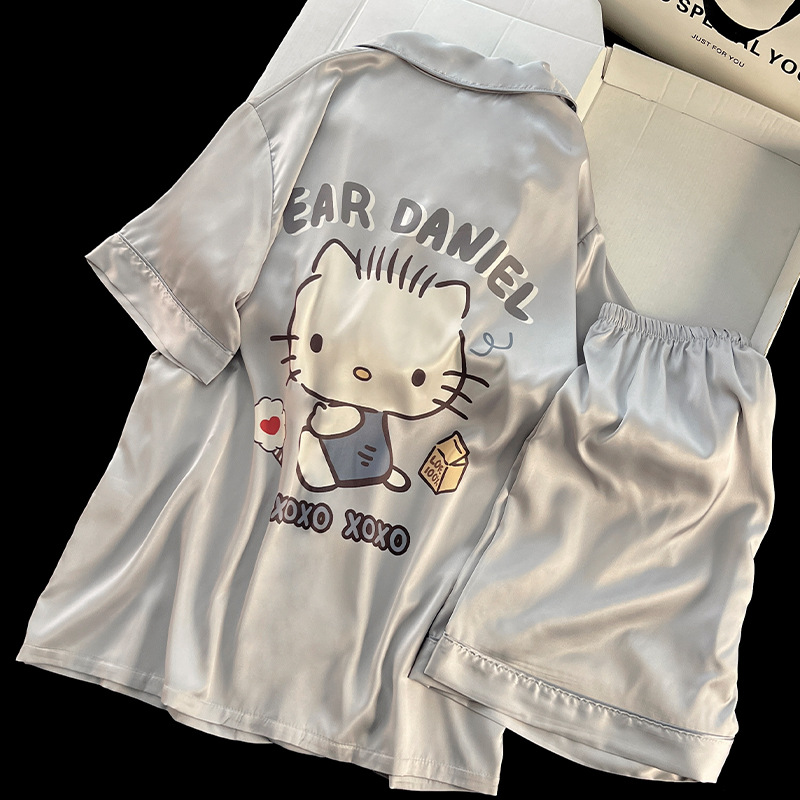 2025 New Cartoon Kitten Ice Silk Pajamas for Men, Summer Short-Sleeved Youth Home Wear, Spring and Autumn Long-Sleeved