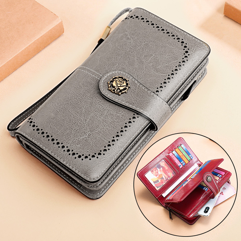 Genuine women's RFID oil wax leather long wallet clip_voghion.com