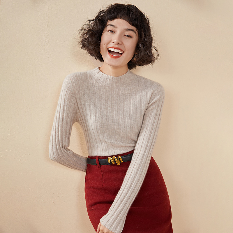 一线坑条半高领羊绒女软糯无缝一体山羊绒毛衣针织纯色内搭打底衫|undefined
