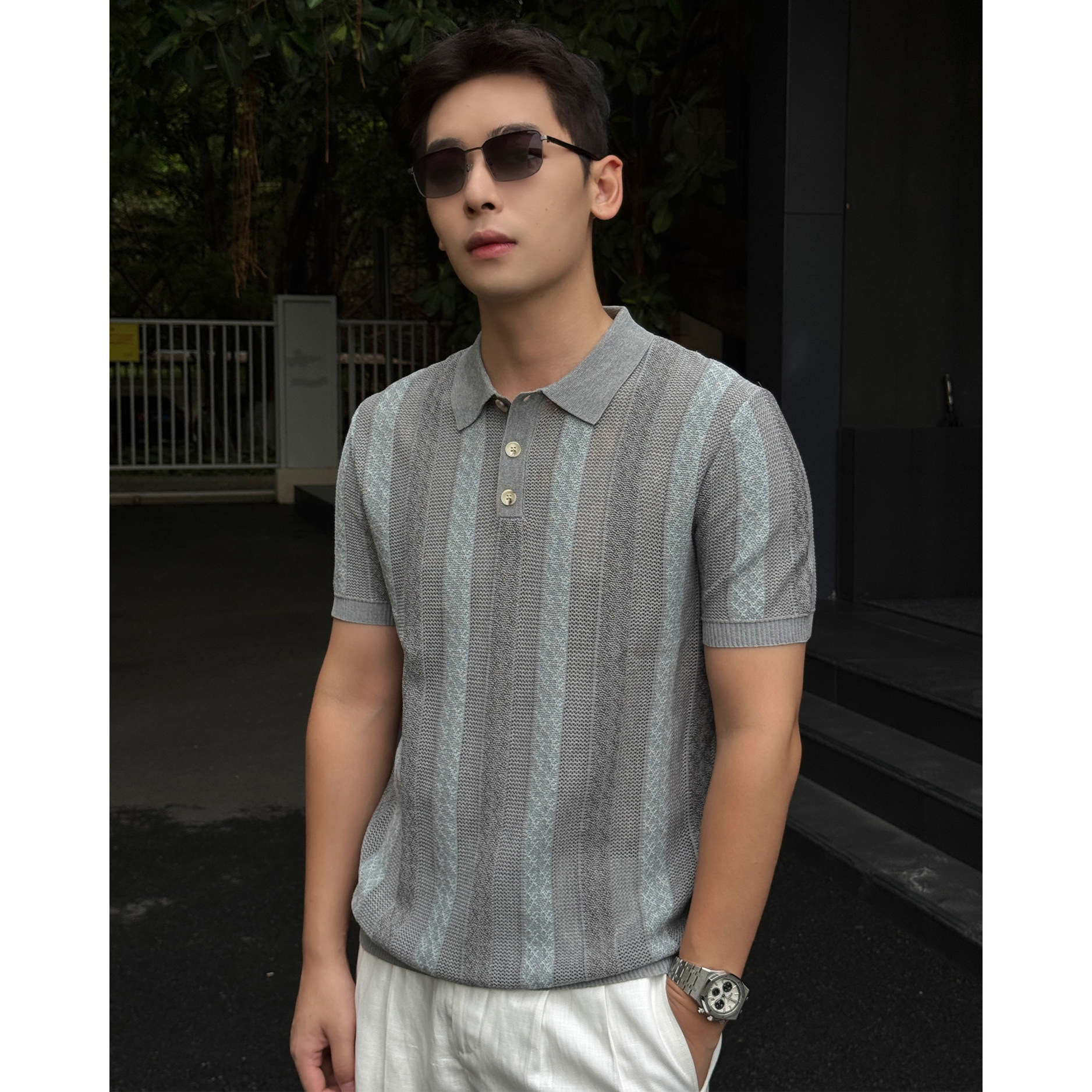 Polo camiseta de punto camiseta de manga corta camiseta de hombre solapa rayas huecas viejos vientos de alto nivel de verano fábrica transfronteriza al por mayor