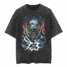 Men Streetwear Black Washed T-Shirt Anime Naruto Printed T S