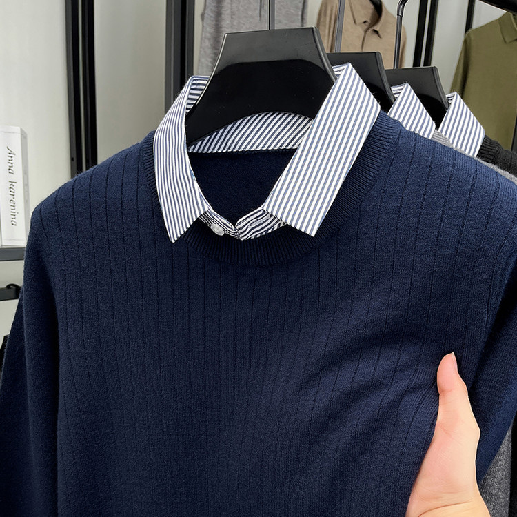 Camisas de punto para hombre simple nuevo falso de alta gama de dos piezas chaqueta casual otoño invierno chaqueta de rayas verticales cabeza suéter de manga larga