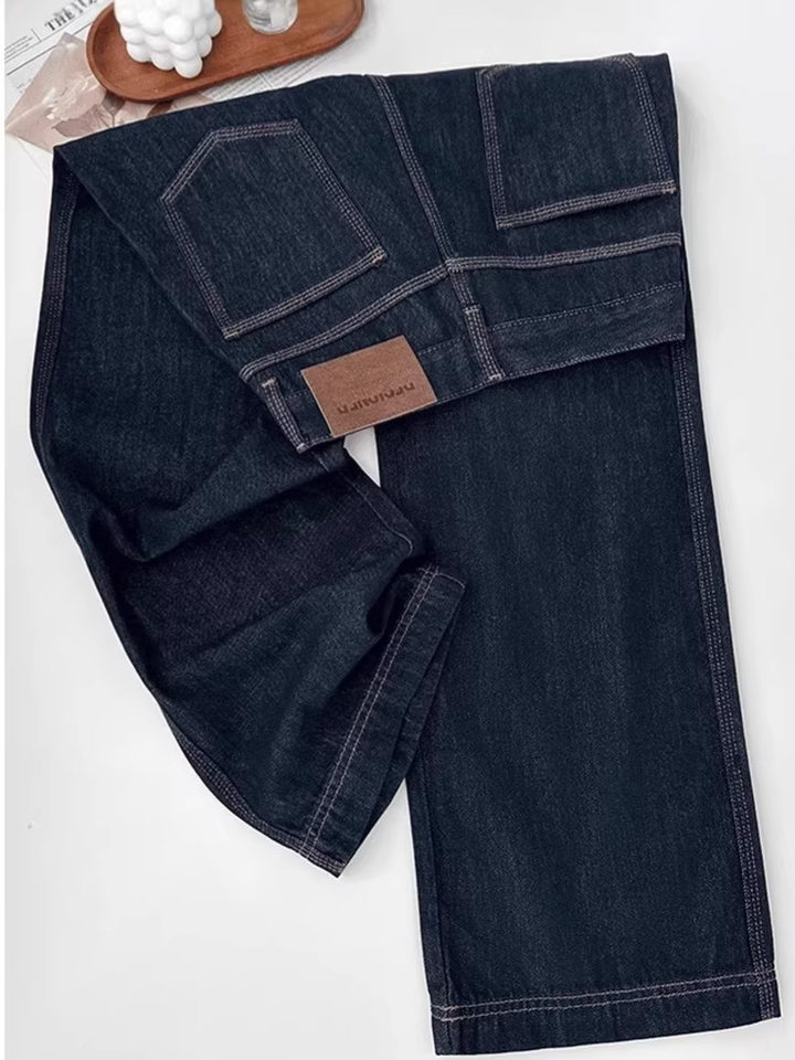Quần jean nữ ống đứng cạp cao dáng suông ống rộng, chất denim dày, có bản lót lông cừu — Denim Blue-Small (dưới 158cm), Ningdan màu xanh kéo dài (trên 164cm), Quần denim màu xanh (dưới 163), Ning Dan Blue Extended (Lót lông cừu, cao 164cm+)