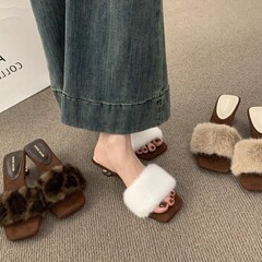 高跟鞋豹纹复古毛毛拖鞋女外穿2025年秋季百搭配裙子仙女风一字拖