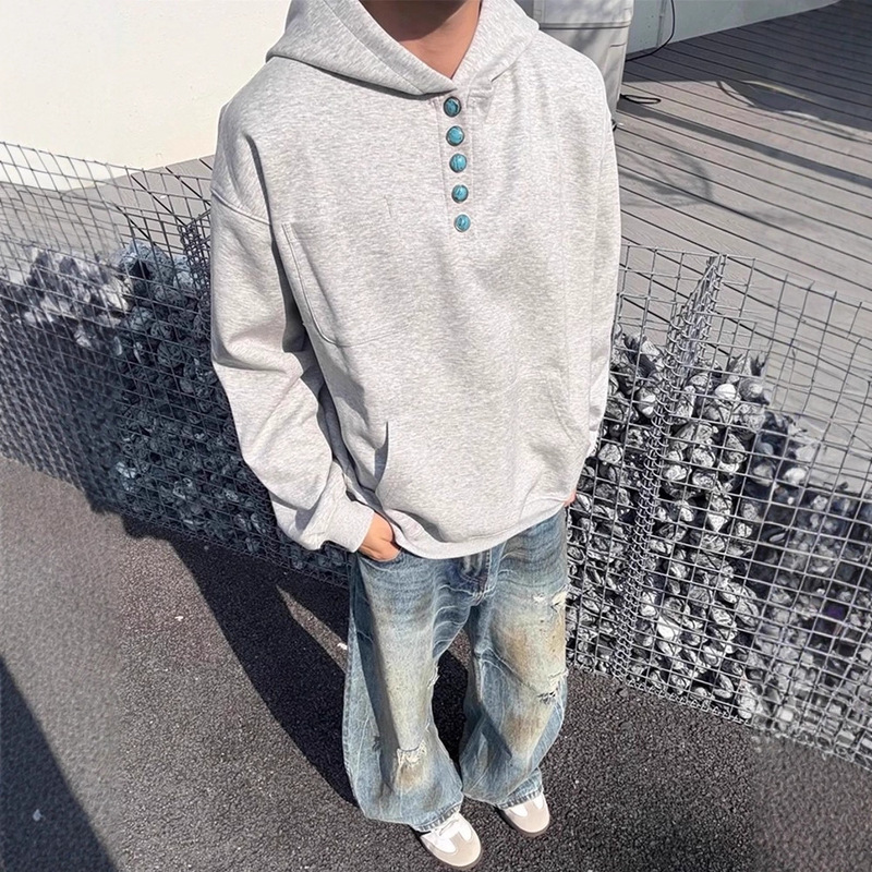 American Retro Turquoise Button Hooded Sweatshirt Men's Autumn and Winter High Street Heavy Stiff Cleanfit Couple Jacket