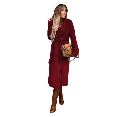 European and American autumn and winter women's clothing pure color lapel long-sleeved woolen coat simple strap coat